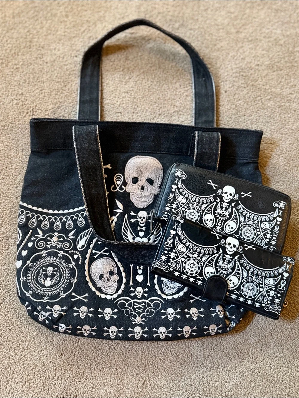 Loungefly Black Skull Pattern Tote Bag & two different style wallets that match